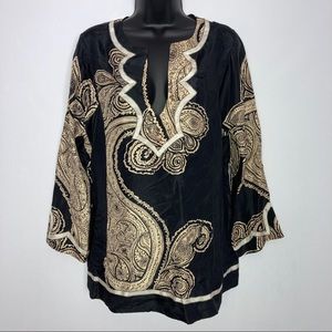 Bcbg Maxazria black tan silk tunic top sz M
